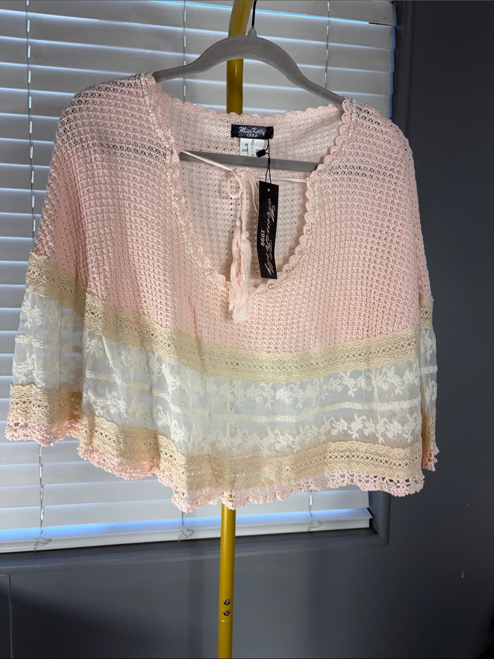 Mia Kelly Pink & Cream Crochet Lace Tunic with Tie Neck